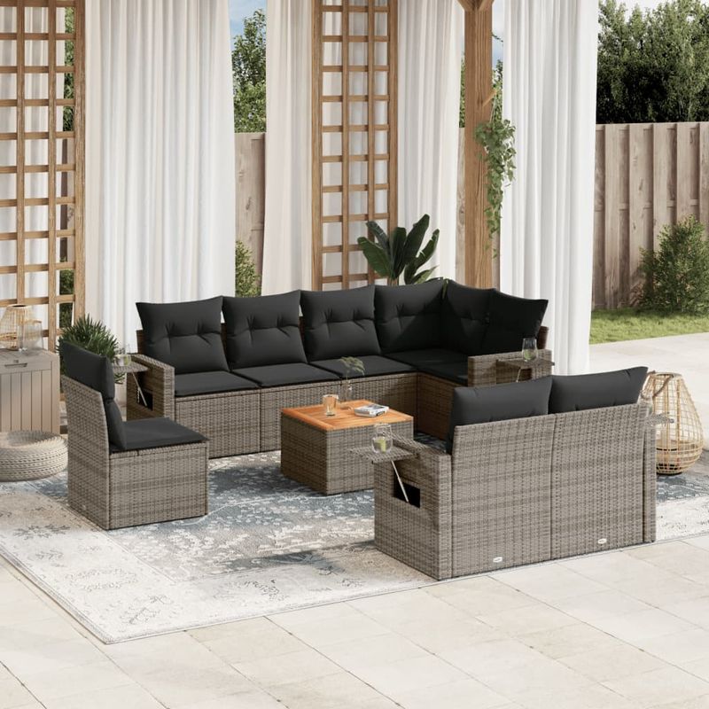 Casa si Gradina - Gradina si terasa - Mobilier exterior - Canapele si fotolii gradina - Set canapele de gradina, 9 piese, cu perne, gri, poliratan - Infinity.ro