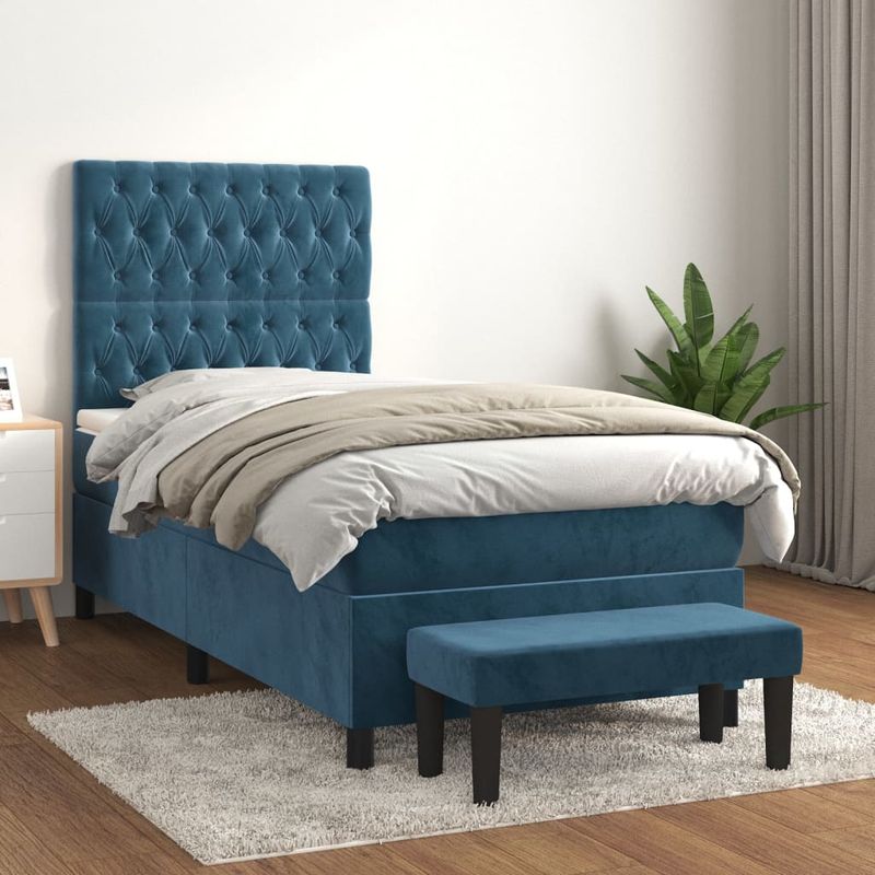 Casa si Gradina - Mobilier - Paturi si accesorii - Paturi - Pat box spring cu saltea, albastru inchis, 90x200 cm, catifea - Infinity.ro
