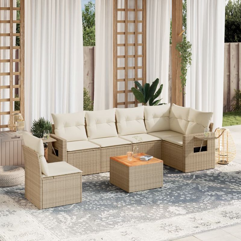 Casa si Gradina - Gradina si terasa - Mobilier exterior - Canapele si fotolii gradina - Set canapele de gradina, 7 piese, cu perne, bej, poliratan - Infinity.ro