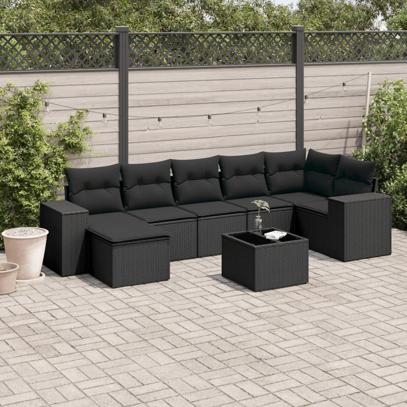 Casa si Gradina - Gradina si terasa - Mobilier exterior - Seturi mobila gradina - Set mobilier de gradina cu perne, 8 piese, negru, poliratan - Infinity.ro