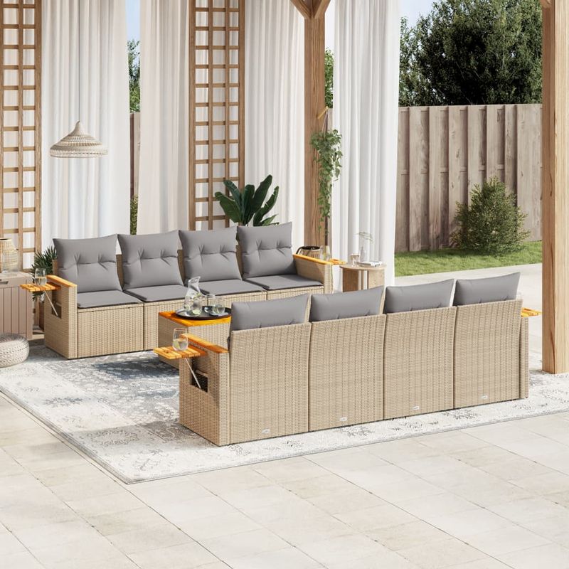 Casa si Gradina - Gradina si terasa - Mobilier exterior - Seturi mobila gradina - Set canapele de gradina, 9 piese, cu perne, bej, poliratan - Infinity.ro
