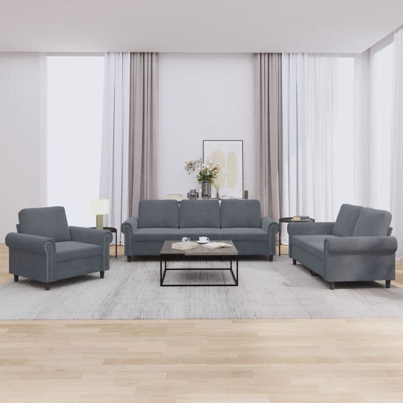 Casa si Gradina - Mobilier - Seturi de mobilier - Seturi living - Set de canapele cu perne, 3 piese, gri inchis, catifea - Infinity.ro