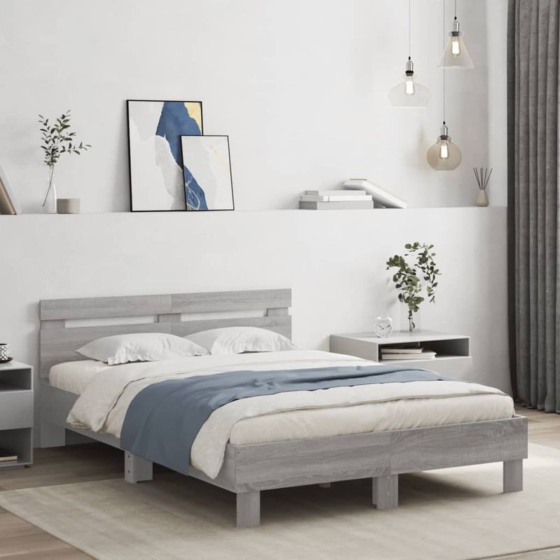 Casa si Gradina - Mobilier - Paturi si accesorii - Paturi - Cadru de pat cu tablie si LED, gri sonoma, 135x190 cm - Infinity.ro