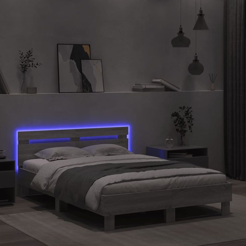 Casa si Gradina - Mobilier - Paturi si accesorii - Paturi - Cadru de pat cu tablie si LED, gri sonoma, 135x190 cm - Infinity.ro