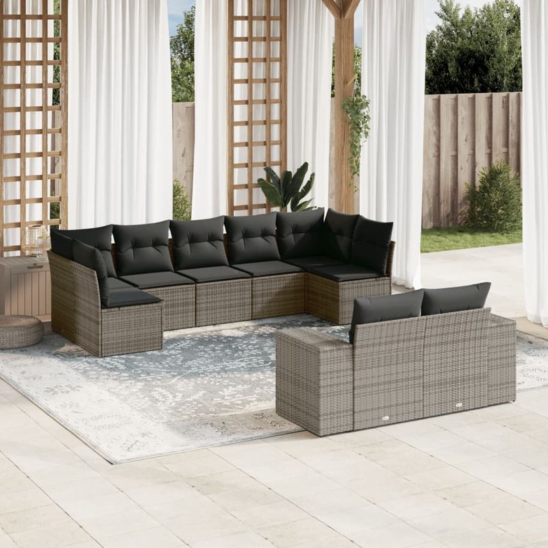 Casa si Gradina - Gradina si terasa - Mobilier exterior - Seturi mobila gradina - Set canapele de gradina, 9 piese, cu perne, gri, poliratan - Infinity.ro