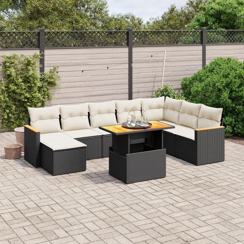 Casa si Gradina - Gradina si terasa - Mobilier exterior - Seturi mobila gradina - Set mobilier de gradina cu perne, 9 piese, negru, poliratan - Infinity.ro