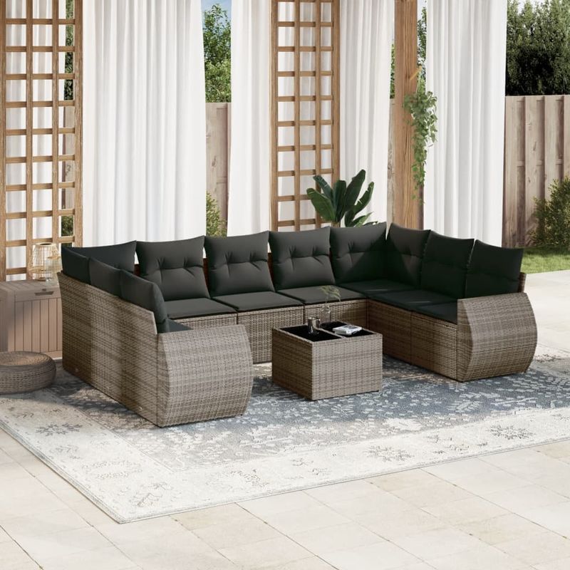 Casa si Gradina - Gradina si terasa - Mobilier exterior - Canapele si fotolii gradina - Set mobilier de gradina cu perne, 10 piese, gri, poliratan - Infinity.ro