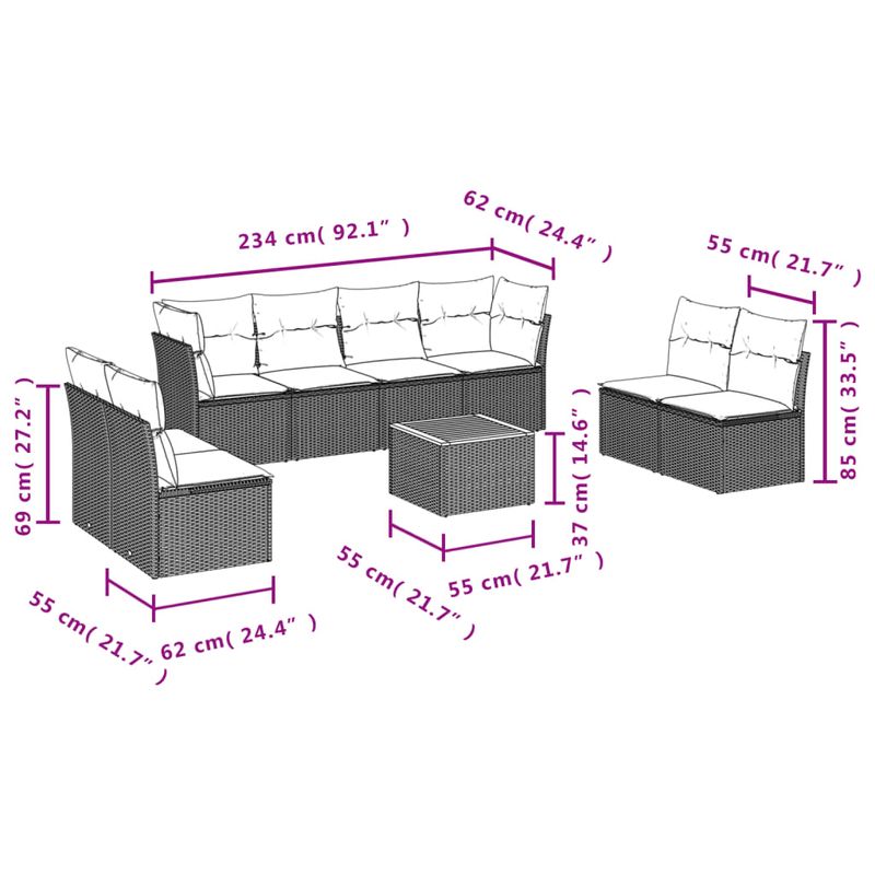 Casa si Gradina - Gradina si terasa - Mobilier exterior - Seturi mobila gradina - Set mobilier de gradina cu perne, 9 piese, negru, poliratan - Infinity.ro