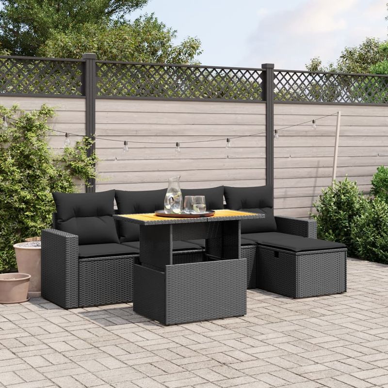 Casa si Gradina - Gradina si terasa - Mobilier exterior - Seturi mobila gradina - Set mobilier de gradina cu perne, 6 piese, negru, poliratan - Infinity.ro