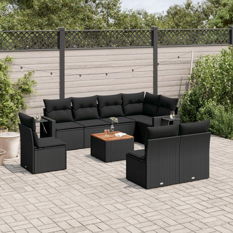 Casa si Gradina - Gradina si terasa - Mobilier exterior - Canapele si fotolii gradina - Set mobilier de gradina cu perne, 9 piese, negru, poliratan - Infinity.ro