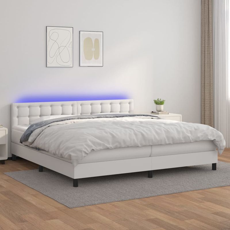 Casa si Gradina - Mobilier - Paturi si accesorii - Paturi - Pat continental cu saltea și LED, saltea și LED, alb, 200x200 cm, piele ecologica, model nasturi - Infinity.ro