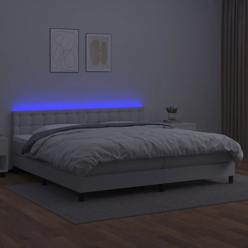 Casa si Gradina - Mobilier - Paturi si accesorii - Paturi - Pat continental cu saltea și LED, saltea și LED, alb, 200x200 cm, piele ecologica, model nasturi - Infinity.ro