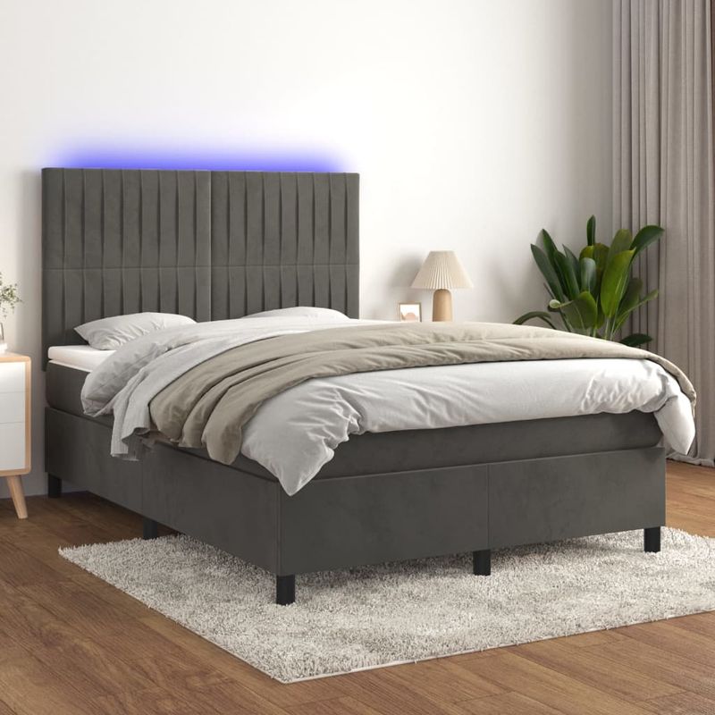 Casa si Gradina - Mobilier - Paturi si accesorii - Paturi - Pat continental cu saltea si LED, saltea si LED, gri inchis, 140x190 cm, catifea - Infinity.ro