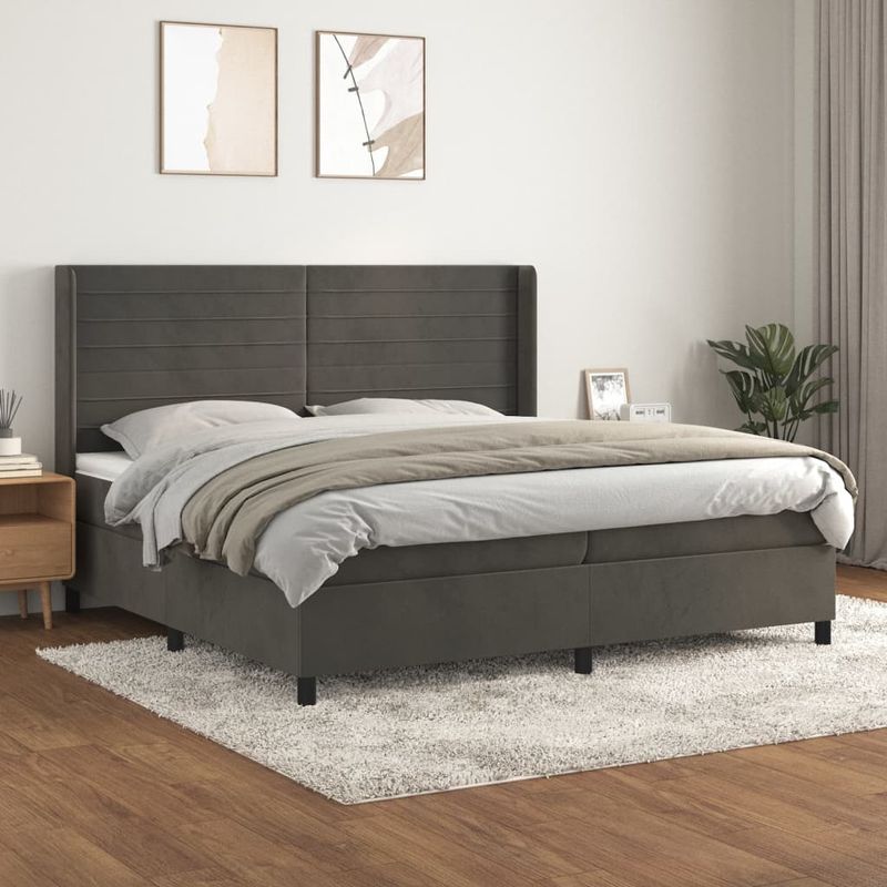 Casa si Gradina - Mobilier - Paturi si accesorii - Paturi - Pat box spring cu saltea, gri inchis, 200x200 cm, catifea - Infinity.ro