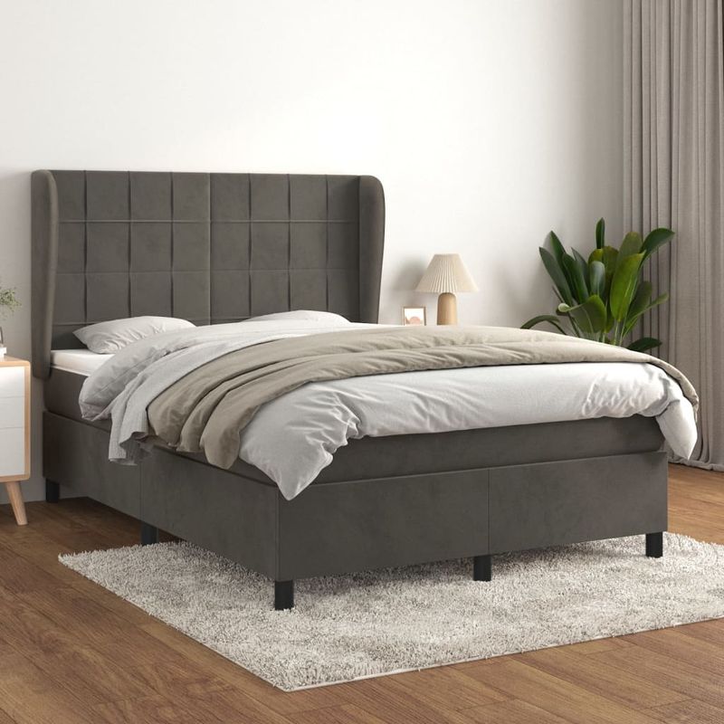 Casa si Gradina - Mobilier - Paturi si accesorii - Paturi - Pat box spring cu saltea, gri inchis, 140x190 cm, catifea - Infinity.ro