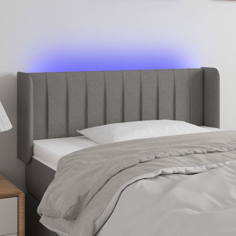 Casa si Gradina - Mobilier - Paturi si accesorii - Accesorii paturi - Tablie de pat cu LED, gri inchis, 83x16x78/88 cm, textil - Infinity.ro