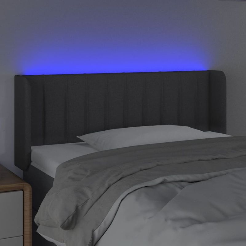 Casa si Gradina - Mobilier - Paturi si accesorii - Accesorii paturi - Tablie de pat cu LED, gri inchis, 83x16x78/88 cm, textil - Infinity.ro