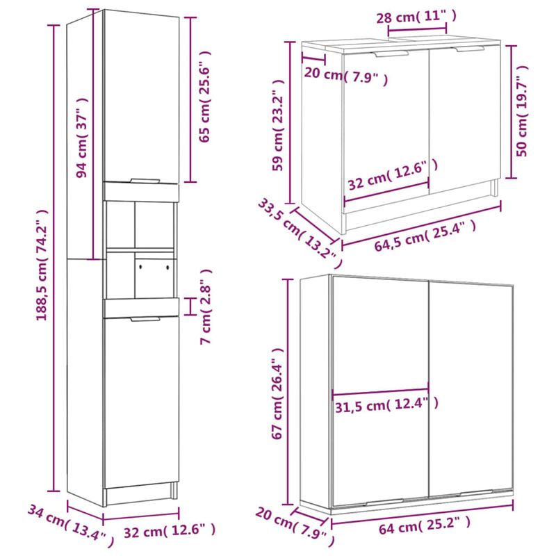 Casa si Gradina - Mobilier - Seturi de mobilier - Seturi baie - Set dulapuri de baie, 3 piese, gri sonoma, lemn prelucrat - Infinity.ro