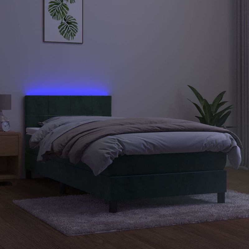 Casa si Gradina - Mobilier - Paturi si accesorii - Paturi - Pat continental cu saltea și LED, saltea și LED, verde inchis, 100x200 cm, catifea, model cu blocuri pătrate - Infinity.ro