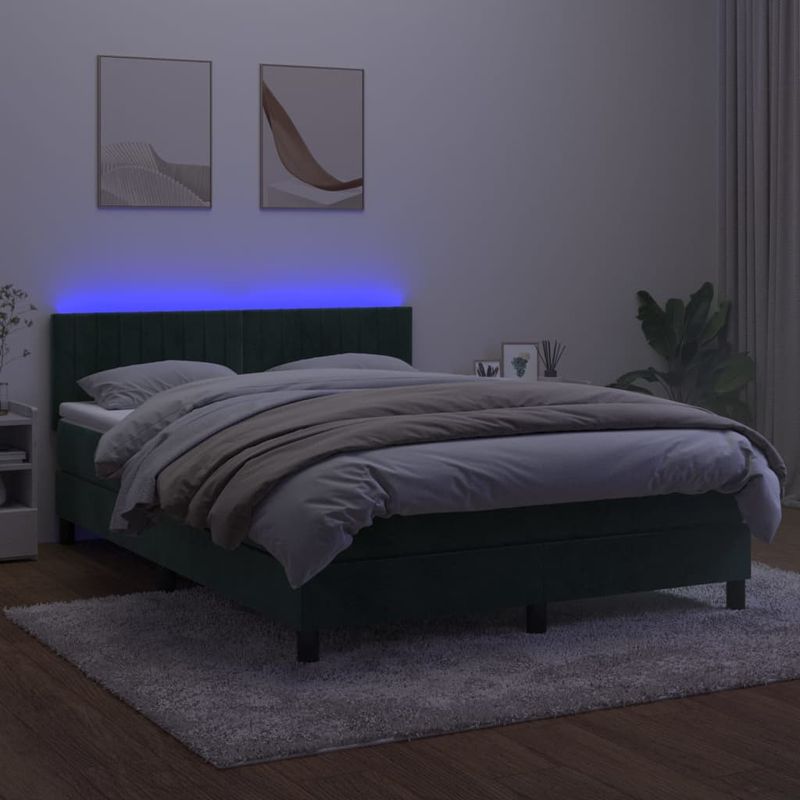 Casa si Gradina - Mobilier - Paturi si accesorii - Paturi - Pat continental cu saltea și LED, saltea și LED, verde inchis, 140x190 cm, catifea, model benzi verticale - Infinity.ro