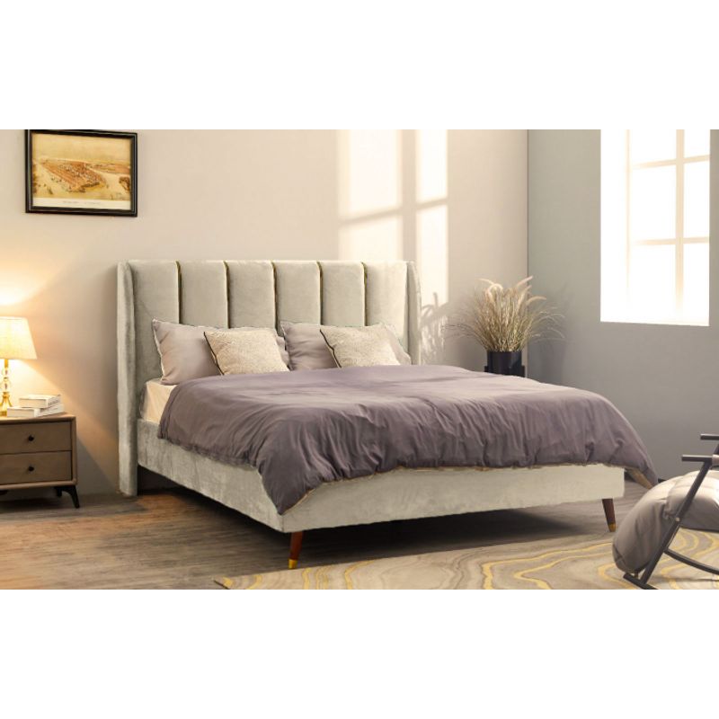 Casa si Gradina - Mobilier - Paturi si accesorii - Paturi - Pat Belmonde, 160 x 200 cm, tapitat catifea bej, somiera inclusa - Infinity.ro