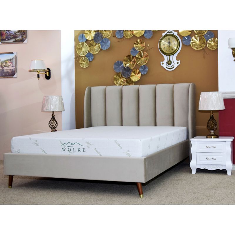 Casa si Gradina - Mobilier - Paturi si accesorii - Paturi - Pat Belmonde, 160 x 200 cm, tapitat catifea bej, somiera inclusa - Infinity.ro