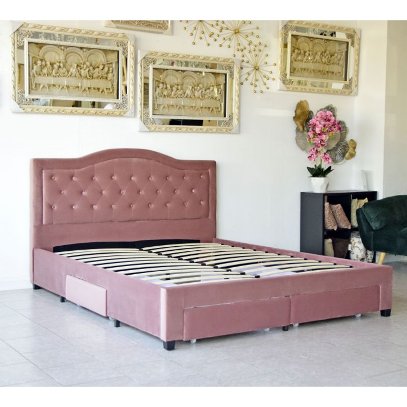 Casa si Gradina - Mobilier - Paturi si accesorii - Paturi - Pat, 180 x 200 cm, Terasino roz cu 4 sertare, tapitat catifea, somiera inclusa - Infinity.ro