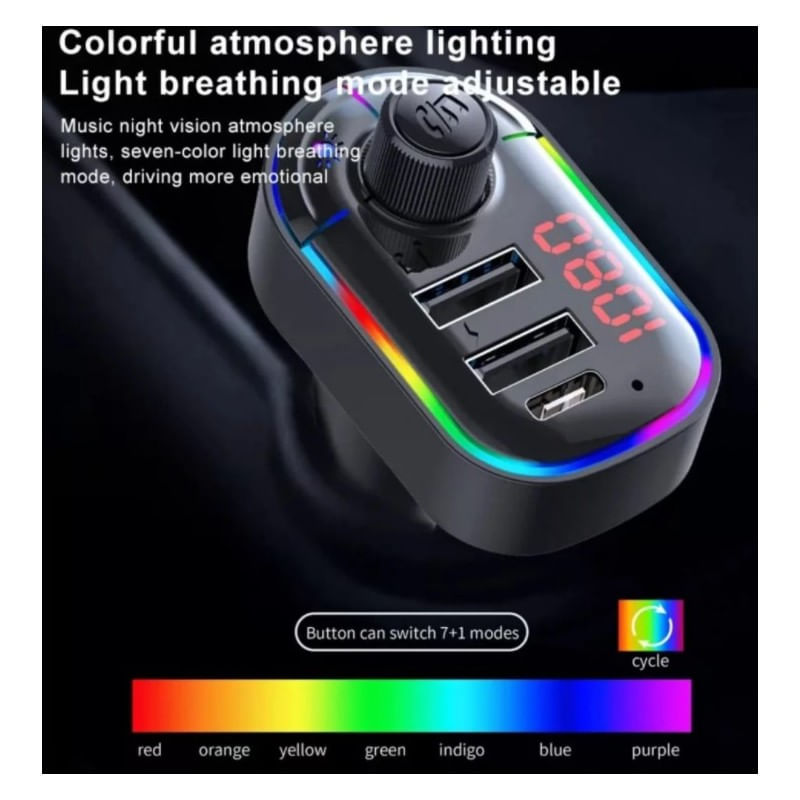 Auto si Moto - Electronice auto - Multimedia auto - Modulator FM Auto Wireless, Bluetooth 5.0, Hands-Free, MP3, 2xUSB, Port Type C, Xentech Light RGB LED C12, Negru - Infinity.ro