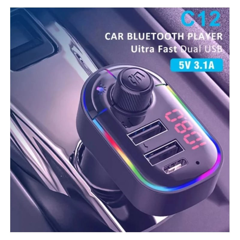 Auto si Moto - Electronice auto - Multimedia auto - Modulator FM Auto Wireless, Bluetooth 5.0, Hands-Free, MP3, 2xUSB, Port Type C, Xentech Light RGB LED C12, Negru - Infinity.ro