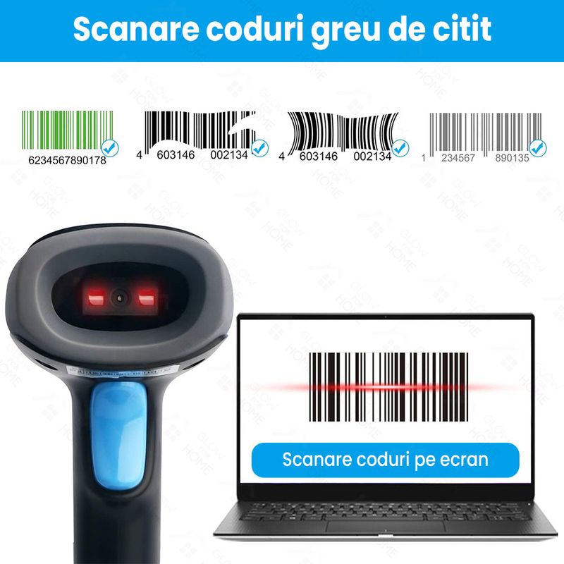 Carti si Birotica - Birotica - Aparatura de birou - Cititor coduri de bare cu laser, GlowforHome, Scanner USB, 1D/2D, 100 scanari/secunda, Suport flexibil, liniar - Infinity.ro