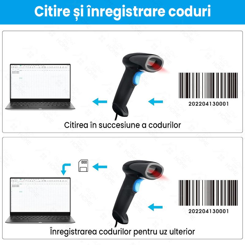 Carti si Birotica - Birotica - Aparatura de birou - Cititor coduri de bare cu laser, GlowforHome, Scanner USB, 1D/2D, 100 scanari/secunda, Suport flexibil, liniar - Infinity.ro