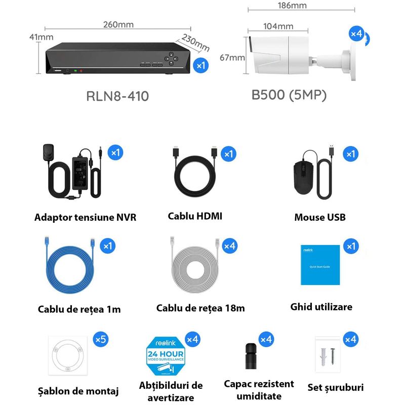 Laptop, Telefoane si Tablete - Wearables si gadgeturi - Gadgeturi - Dispozitive spionaj - Sistem supraveghere video 4 camere exterior/interior 5MP, AI, RLK8-410B4, 8 canale, PoE IP67, NVR, 4K, HDD 2TB - Infinity.ro