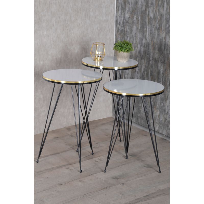 Casa si Gradina - Mobilier - Mese si birouri - Masute de cafea - Set 3 masute cafea ZIGON, cu blat rotund, margine aurie cu negru - Alb - Infinity.ro