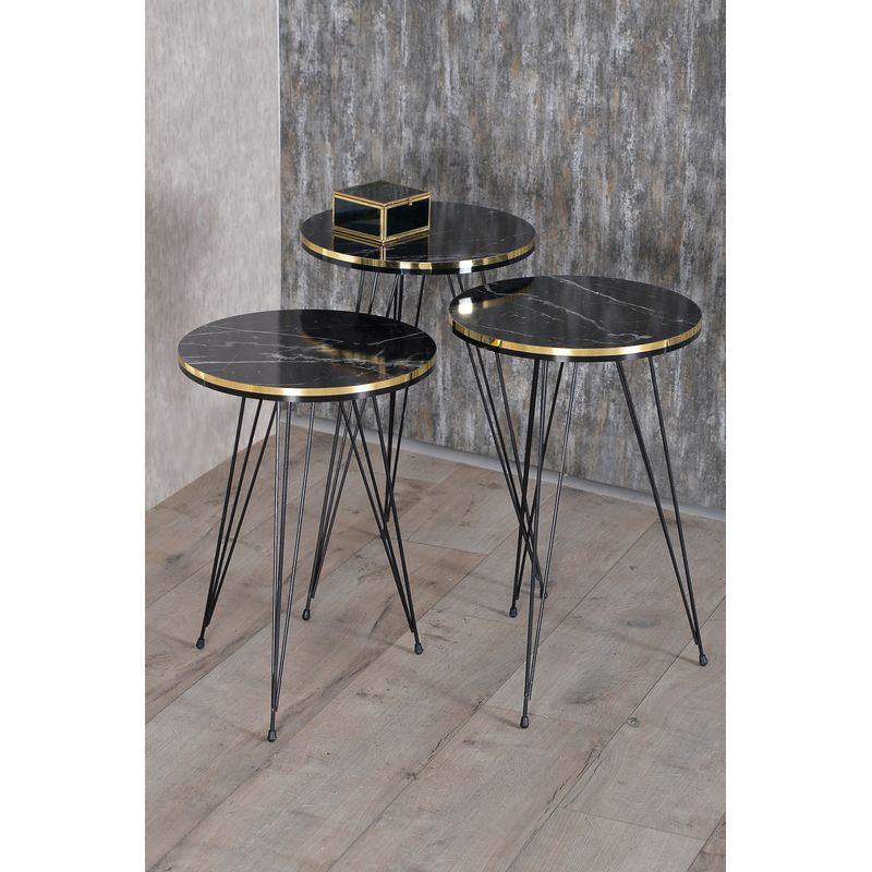 Casa si Gradina - Mobilier - Mese si birouri - Masute de cafea - Set 3 masute cafea ZIGON, cu blat rotund, margine aurie cu negru - Alb - Infinity.ro