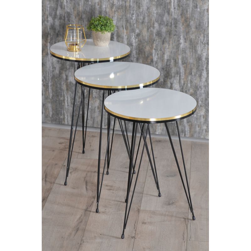 Casa si Gradina - Mobilier - Mese si birouri - Masute de cafea - Set 3 masute cafea ZIGON, cu blat rotund, margine aurie cu negru - Alb - Infinity.ro