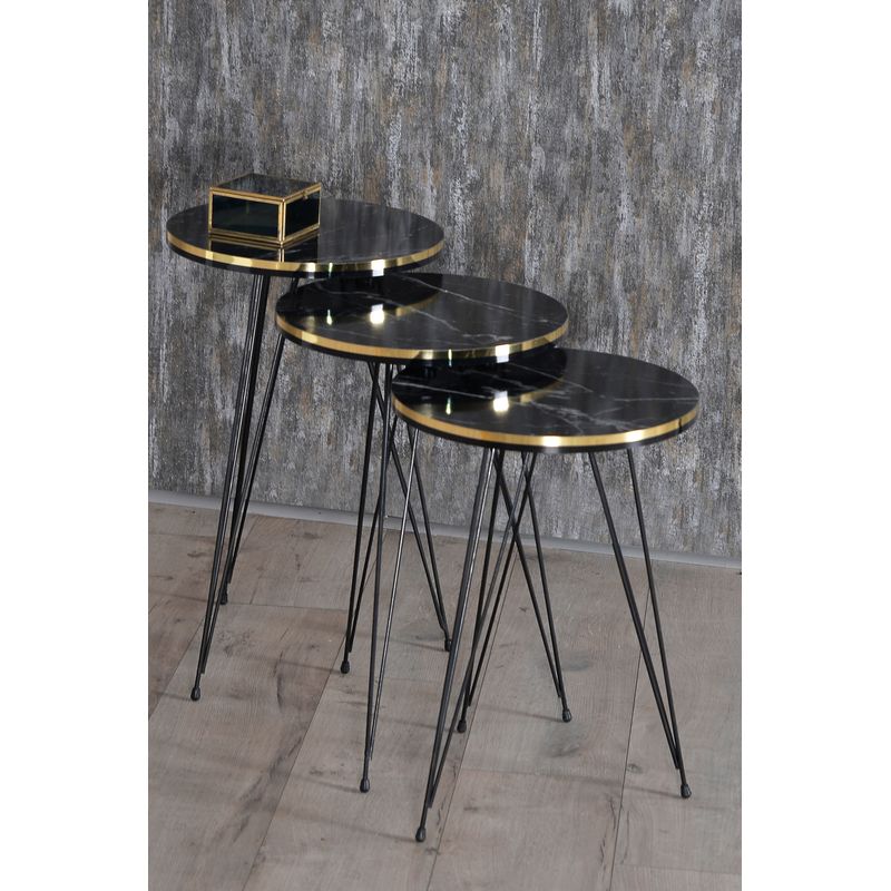 Casa si Gradina - Mobilier - Mese si birouri - Masute de cafea - Set 3 masute cafea ZIGON, cu blat rotund, margine aurie cu negru - Alb - Infinity.ro