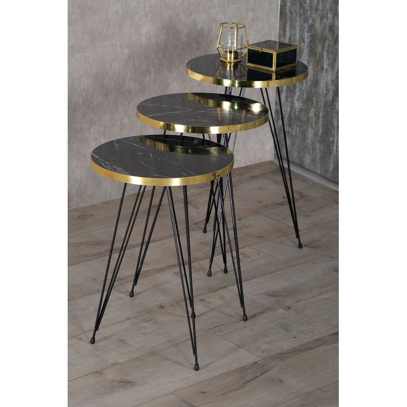 Casa si Gradina - Mobilier - Mese si birouri - Masute de cafea - Set 3 masute cafea ZIGON, cu blat rotund, margine aurie - Negru marmorat - Infinity.ro