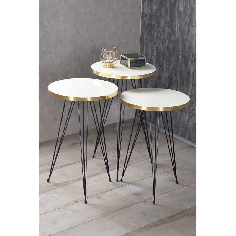 Casa si Gradina - Mobilier - Mese si birouri - Masute de cafea - Set 3 masute cafea ZIGON, cu blat rotund, margine aurie - Negru marmorat - Infinity.ro