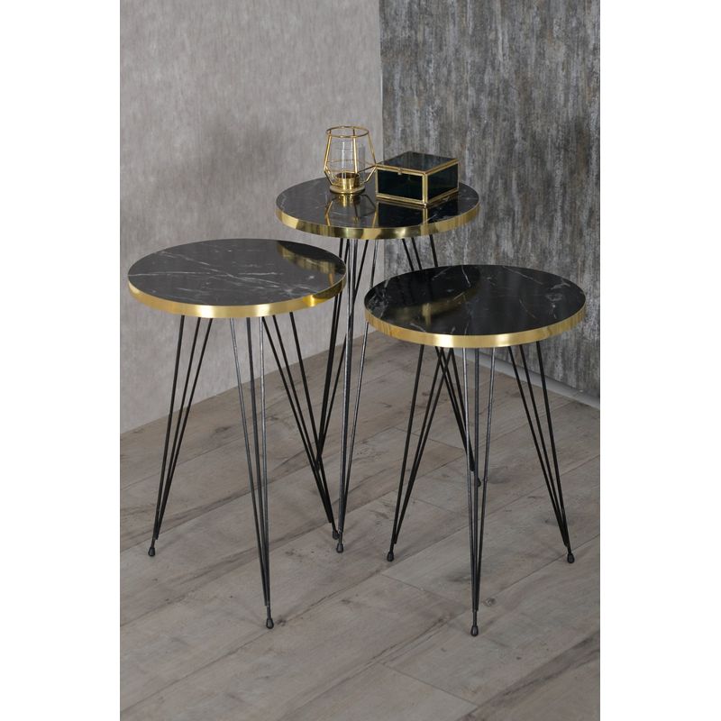 Casa si Gradina - Mobilier - Mese si birouri - Masute de cafea - Set 3 masute cafea ZIGON, cu blat rotund, margine aurie - Negru marmorat - Infinity.ro