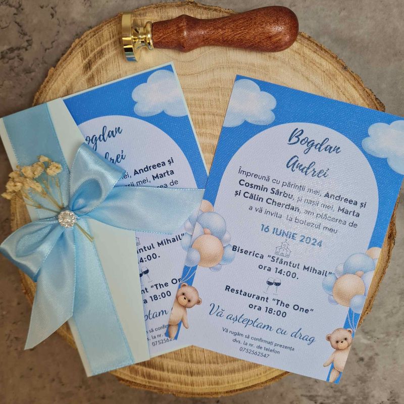 Market - Cadouri - Invitatii evenimente - Invitatie de Botez, completa, cu flori uscate si fundita de satin - Infinity.ro