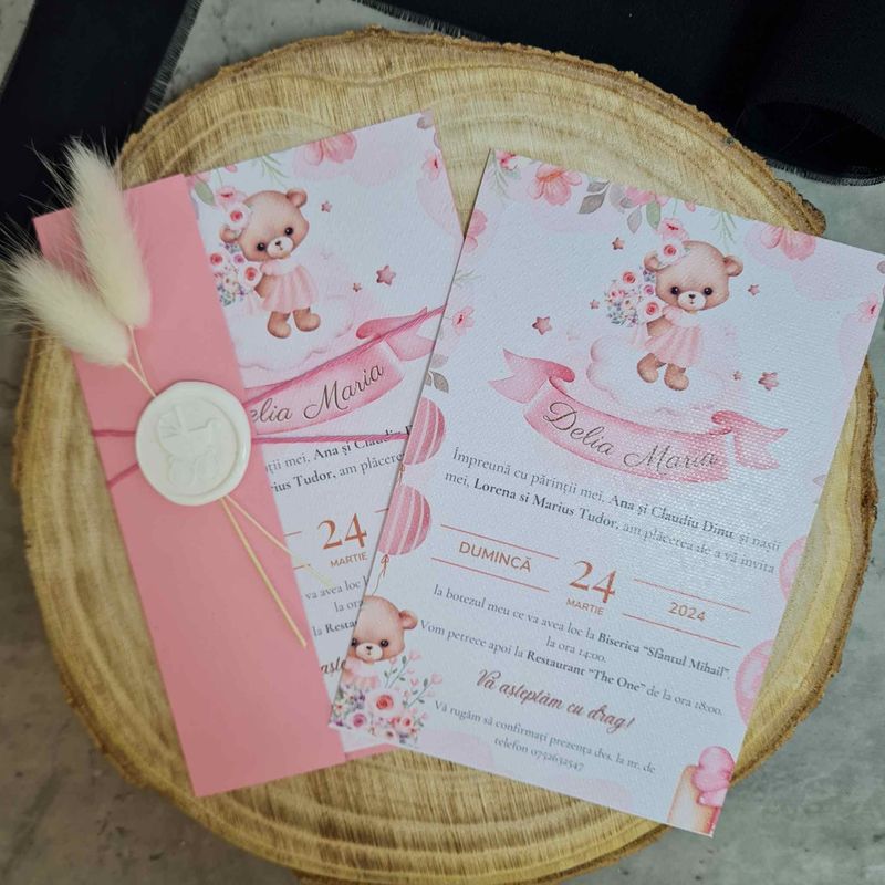 Market - Cadouri - Invitatii evenimente - Invitatie de Botez, Fetita, roz, cu flori uscate si fundita de satin - Infinity.ro