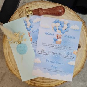 Invitatie de Botez baiat, cu flori uscate si sigiliu de ceara