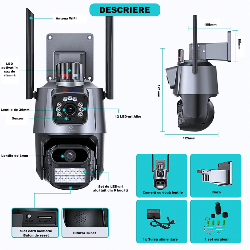 Casa si Gradina - Electrice - Smart Home - Camere de supraveghere - Camera de supraveghere dubla, Q322, WIFI, 6MP, exterior, comunicare bidirectionala, alarma, senzor miscare,exterior - Infinity.ro