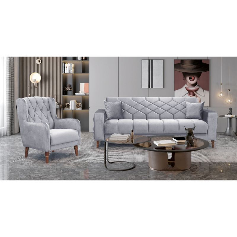 Casa si Gradina - Mobilier - Seturi de mobilier - Seturi living - Set 3+2+1 Melissa, catifea, lada depozitare, 51-103, gri - Infinity.ro