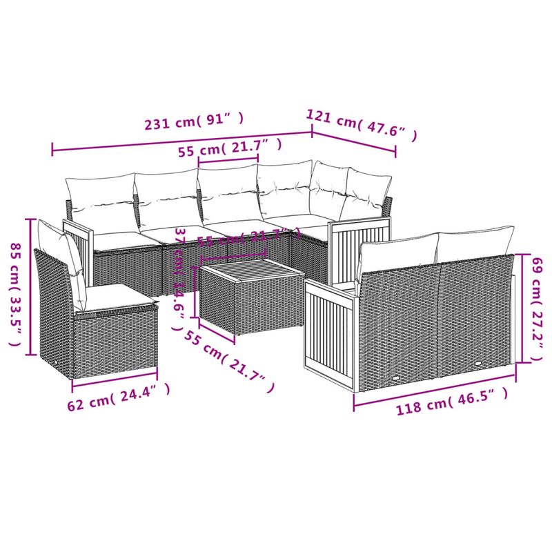 Casa si Gradina - Gradina si terasa - Mobilier exterior - Seturi mobila gradina - Set mobilier de gradina cu perne, 9 piese, negru, poliratan - Infinity.ro