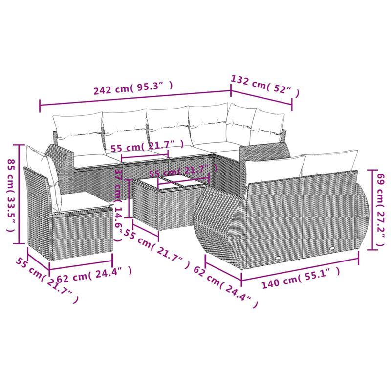 Casa si Gradina - Gradina si terasa - Mobilier exterior - Seturi mobila gradina - Set mobilier de gradina cu perne, 9 piese, negru, poliratan - Infinity.ro