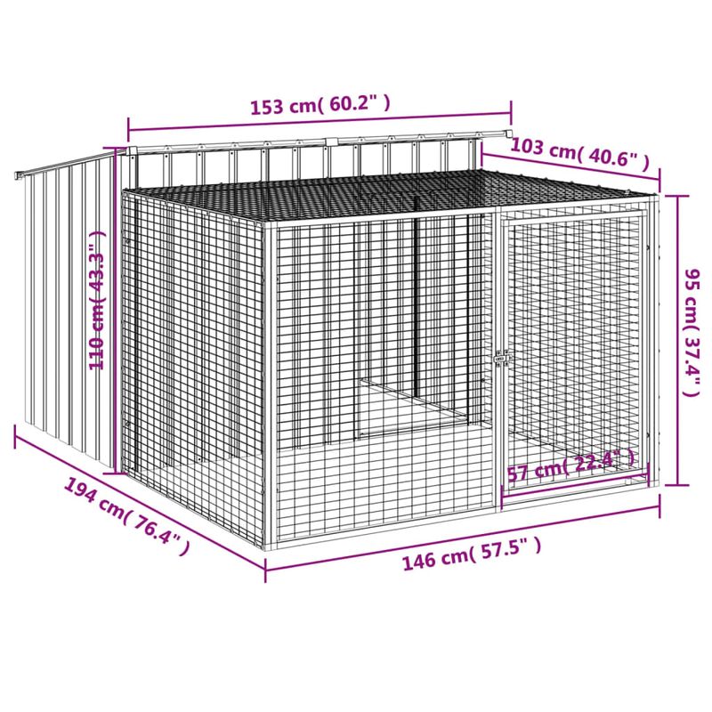 Petshop - Accesorii petshop - Culcusuri si custi - Custi interior si exterior - Cusca de caini cu tarc, antracit 153x194x110 cm otel galvanizat - Infinity.ro