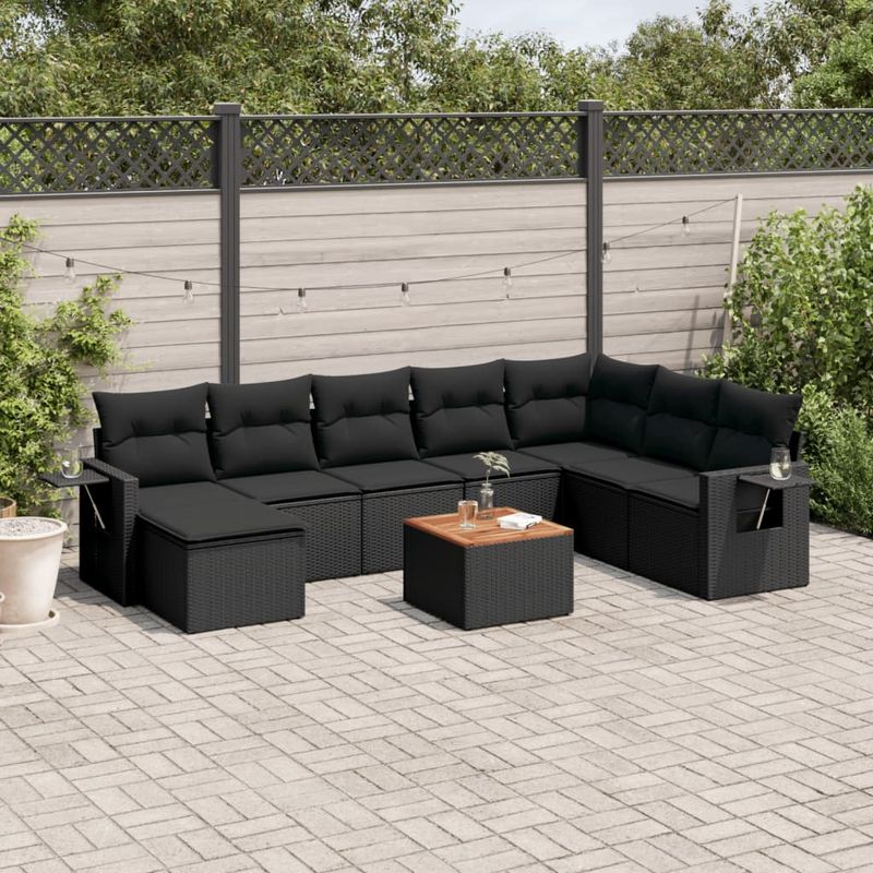 Casa si Gradina - Gradina si terasa - Mobilier exterior - Canapele si fotolii gradina - Set mobilier de gradina cu perne, 9 piese, negru, poliratan - Infinity.ro