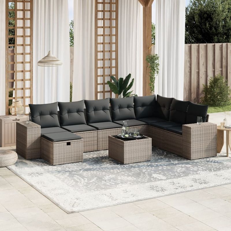 Casa si Gradina - Gradina si terasa - Mobilier exterior - Seturi mobila gradina - Set canapele de gradina, 9 piese, cu perne, gri, poliratan - Infinity.ro
