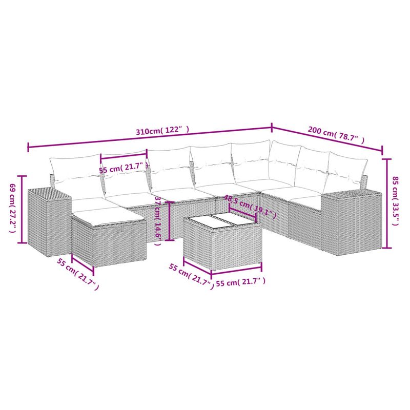 Casa si Gradina - Gradina si terasa - Mobilier exterior - Seturi mobila gradina - Set canapele de gradina, 9 piese, cu perne, gri, poliratan - Infinity.ro